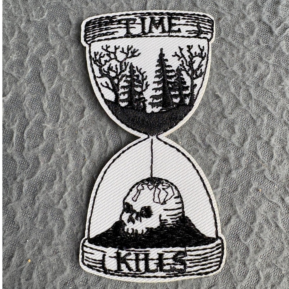 Time Kills Hourglass Skull Forest Embroidered Iron On Patch Black White Gothic